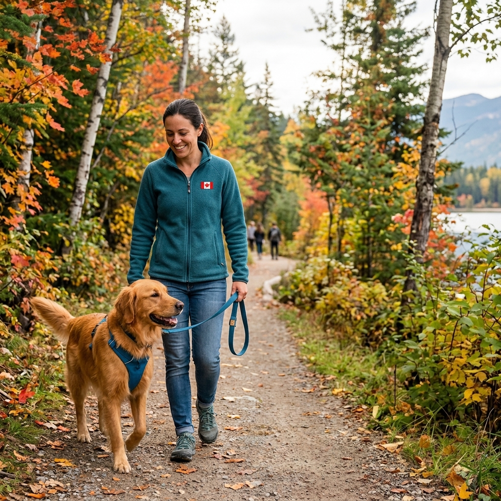 Smiling woman in a teal jacket walks a golden retriever along a forest trail beside a lake, surrounded by vibrant autumn foliage and mountains.