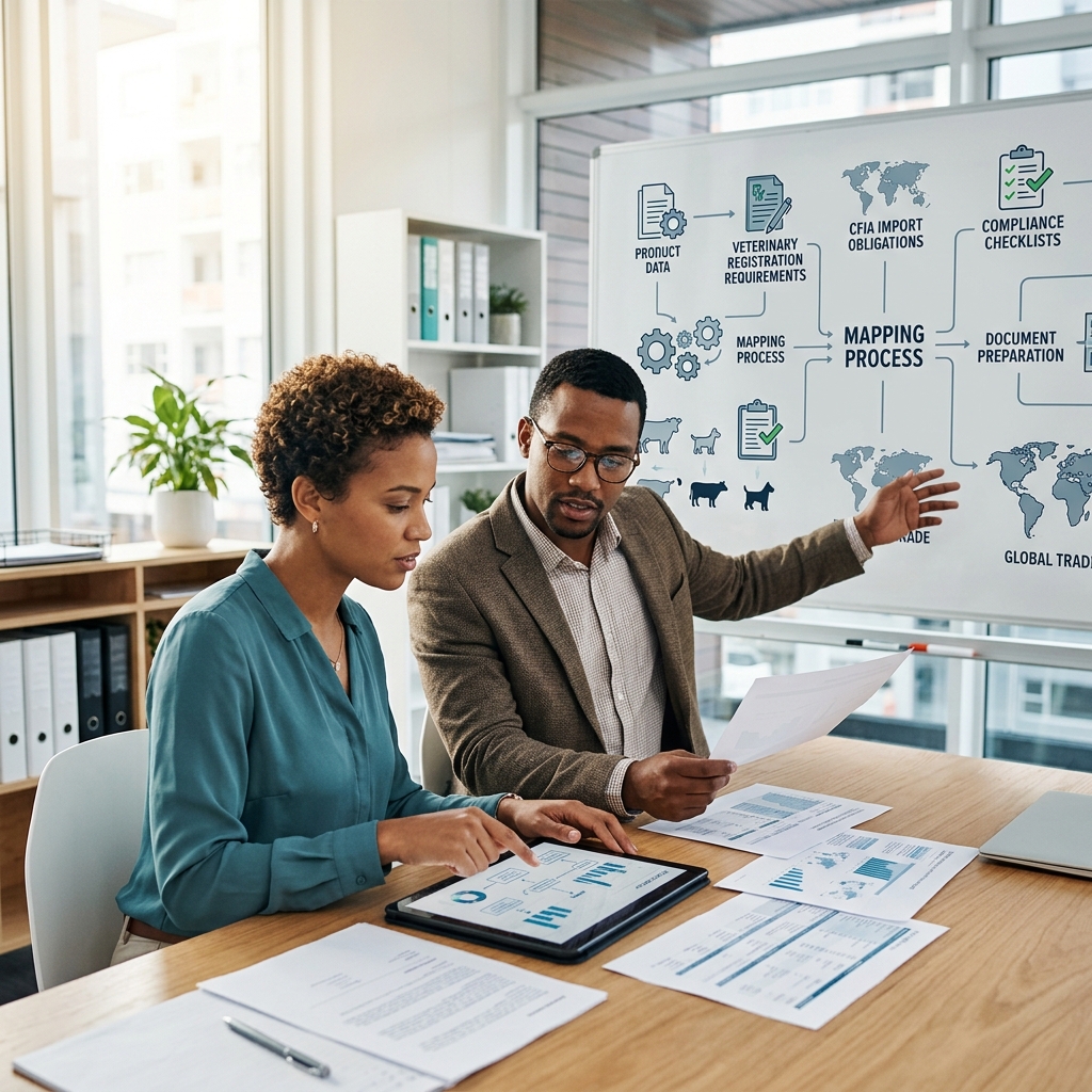 Two colleagues review veterinary import compliance documents beside a global trade flowchart whiteboard, collaborating in a bright office.