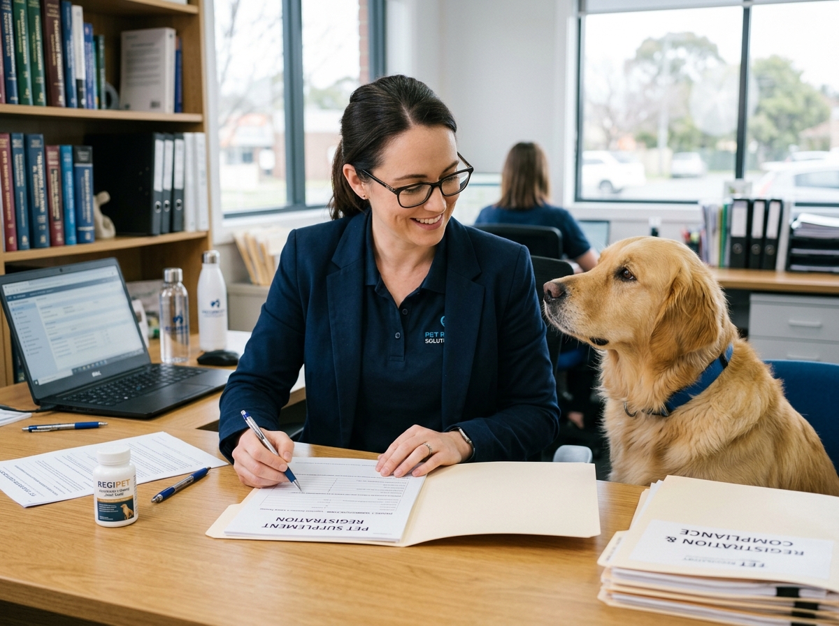 Smiling veterinarian signs paperwork at a clinic desk beside a friendly golden retriever, with a laptop, books, and documents visible.