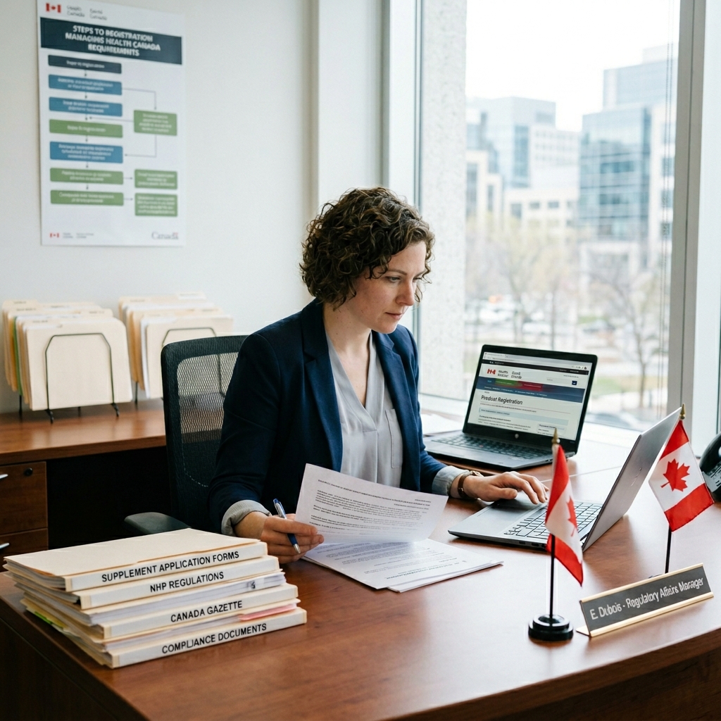A focused woman reviews immigration forms at a desk beside a laptop, Canadian flags, and labeled documents in a bright office.