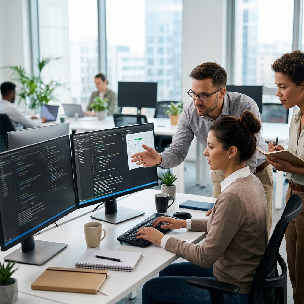 Software development team collaborates around dual monitors displaying code in a bright office, conveying a focused, productive atmosphere.