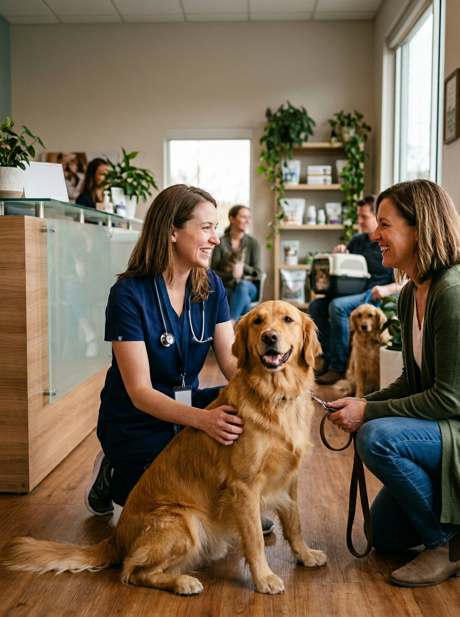 Veterinarian in navy scrubs smiles beside a golden retriever while its owner holds the leash in a bright, welcoming veterinary clinic.