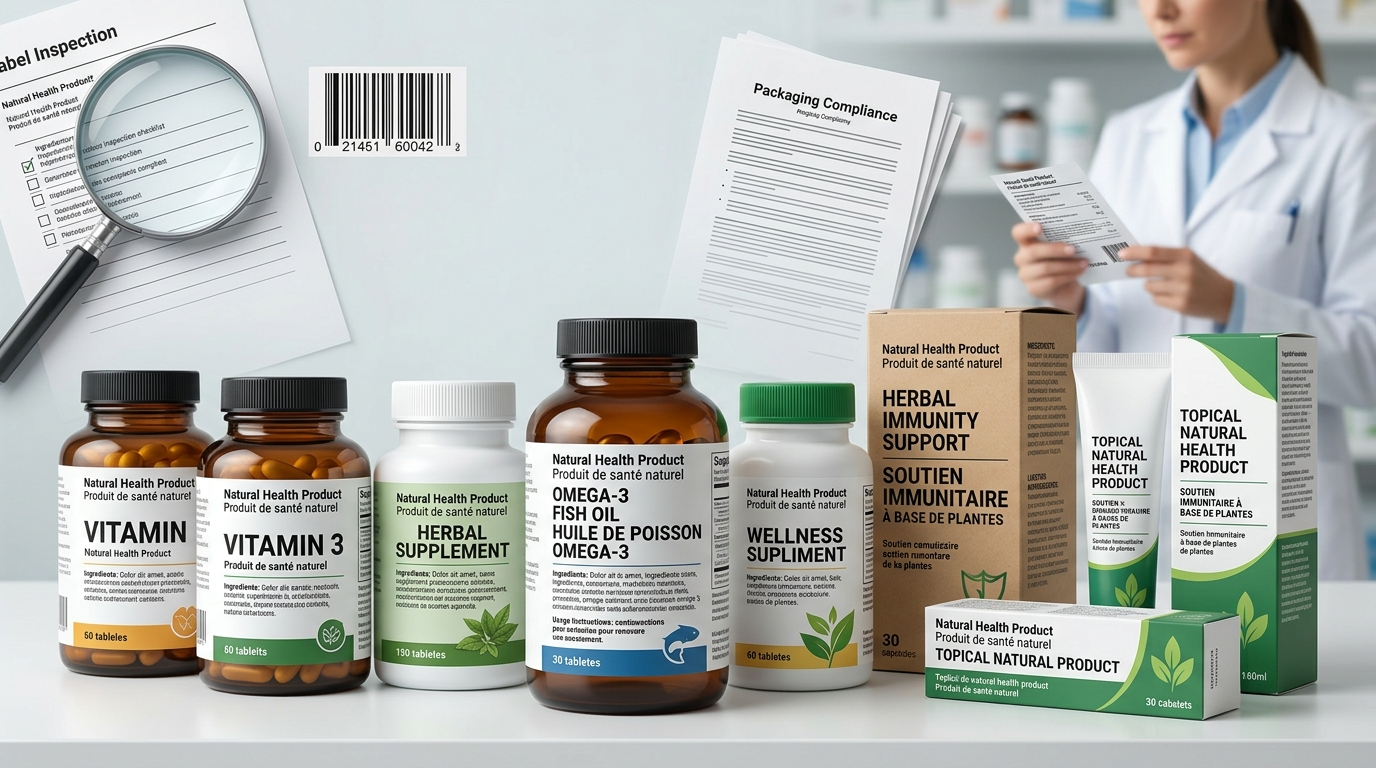 Healthcare product display with vitamin, herbal, fish oil, wellness supplements, and topical natural products; pharmacist reviews paperwork behind.