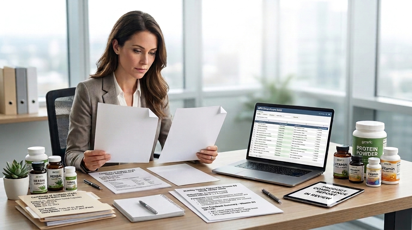 Professional woman reviews paperwork beside a laptop spreadsheet, printed reports, tablet, and wellness supplement bottles in a bright office.